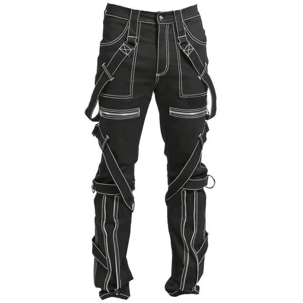 Prime Quality Gothic Straps Zipper Stitch Trousers Punk Rock Studs Chain Pants